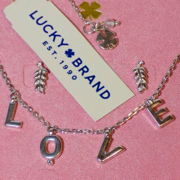 New w/$39 Tag Lucky Brand Love Charm Necklace & Earrings Set, Crystal Accents. - Picture 2 of 7